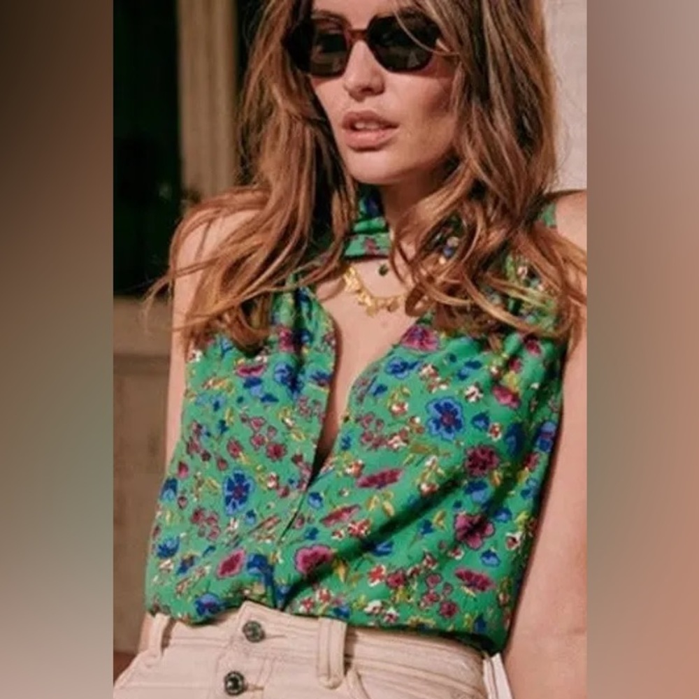 Sezane Green Floral Sleeveless Blouse